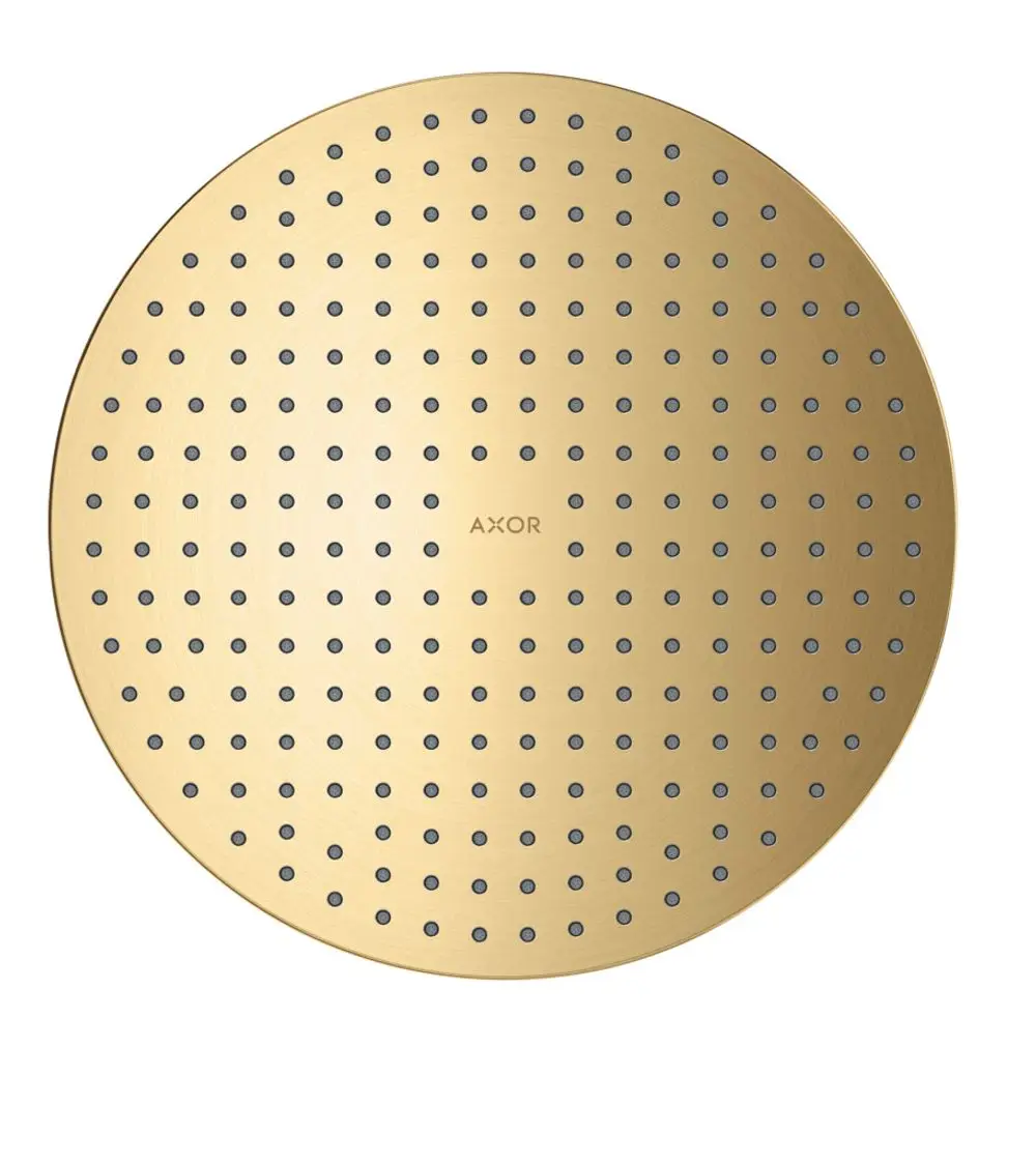 Runde Kopfbrause mit einer goldenen Oberfläche und zahlreichen kleinen Düsen. Logo "AXOR" ist in der Mitte sichtbar.
